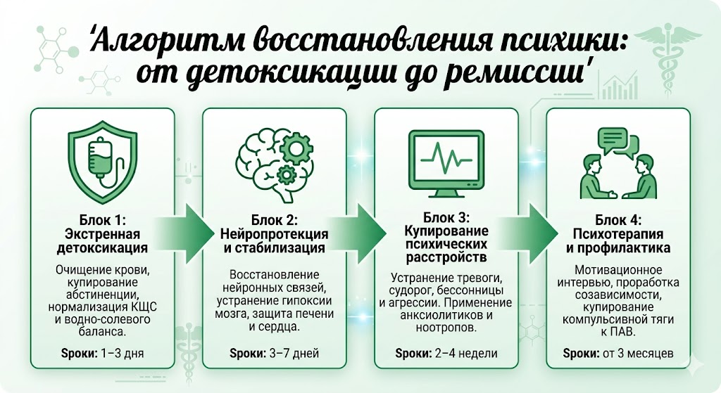 Схема: как алкоголь и наркотики влияют на психику и этапы лечения в клинике
