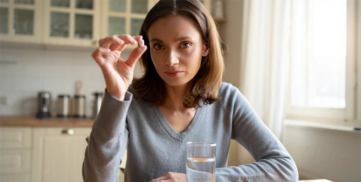 Женщина принимает таблетку аспирина