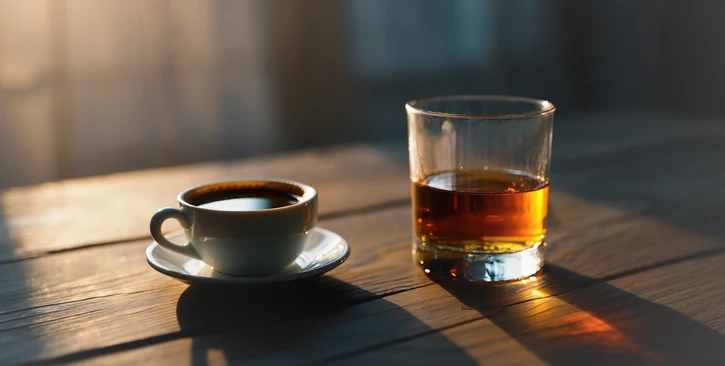 Кофе и алкоголь на столе